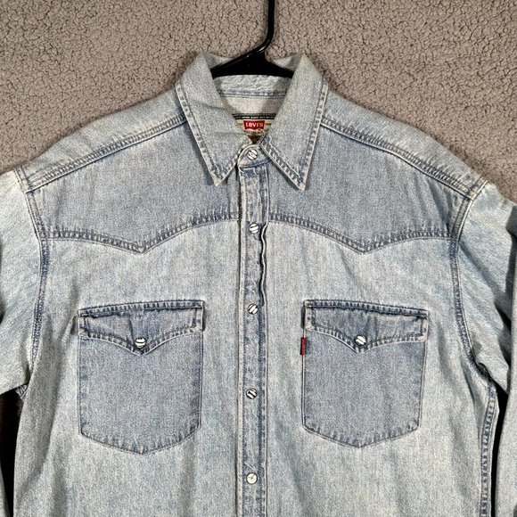Levis Vintage Denim Pearl Snap Shirt Mens Small Blue Button Up Western Rodeo VTG - Picture 2 of 16